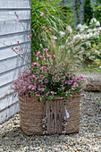 Boho Style, Korbtasche mit Prachtkerze (Gaura Lindheimeri), rosa Zauberschnee (Euphorbia), Fächerblume und Federgras (Stipa) auf Kiesboden