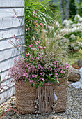Boho Style, Korbtasche mit Prachtkerze (Gaura Lindheimeri), rosa Zauberschnee (Euphorbia), Fächerblume und Federgras (Stipa) auf Kiesboden