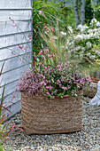Boho Style, Korbtasche mit Prachtkerze (Gaura Lindheimeri), rosa Zauberschnee (Euphorbia), Fächerblume und Federgras (Stipa) auf Kiesboden