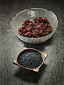 Black sesame seeds and paste in a bowl