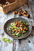 Green bean salad with feta, baby chard, chestnuts and pomegranate