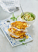 Potato and swede pancakes with avocado dip