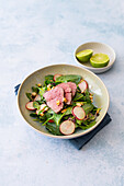 Asian spinach salad with beef fillet and radishes