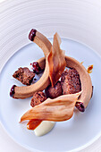 Gourmet chocolate dessert with cherry accents