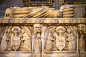 Seville, Spain, Oct 23 2016, Mid-15th century tomb of Cardinal Juan de Cervantes by Lorenzo Mercadante de Bretana, located in Seville Cathedral, Spain. Features detailed sculptures and ornate religious motifs.