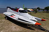 Racing boat on land before an F1 Powerboat race in Dique Frontal, Termas de Rio Hondo, Argentina.