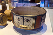 An Andean polychrome ceramic bowl in the Dr. Eduardo Casanova Archeology Museum in Tilcara, Argentina.