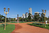 Statue of General Juan Manuel de Rosas in Mayor Seeber Square in the Palermo neighborhood of Buenos Aires, Argentina. High-rise apartment buildings are behind.