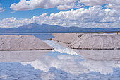 Salt mining operations on the salt flats of Salinas Grandes in northwest Argentina. Clouds are reflected on a shallow sheet of water.