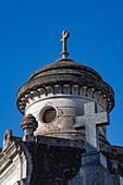 Crosses on elaborate tombs or mausoleums in the Recoleta Cemetery, Buenos Aires, Argentina.