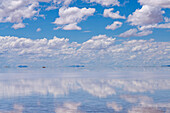 Clouds refected on a shallow sheet of water on the salt flats of Salinas Grandes in northwest Argentina.