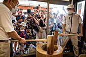 Making the traditional Daifuku in Nakatanidou shop, made of soft rice cake (mochi) fill with sweet bean paste, in Nara Japan.