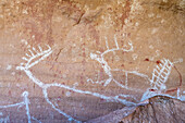 A pre-Hispanic Native American Fremont Culture rock art pictograph panel in Rasmussen Cave in Nine Mile Canyon, Utah.