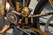 Drive train detail of a vintage 1919 Board Track racing motorcycle in the Automobile Museum of Termas de Rio Hondo, Argentina.