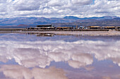 Tourism operations on the salt flats of Salinas Grandes in northwest Argentina. The buildings are built from blocks of salt.