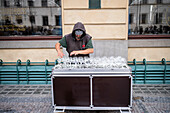 Petr Spatina, Glass Harpist, plays in the streets of Prague