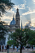 A bell tower and dome of the Church of Santa Domingo, seen from the Casa Historica in San Miguel de Tucumán, Argentina.