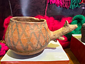 Pre-Hispanic bichrome ceramic bowl from the Humahuaca Valley. Dr. Eduardo Casanova Archeology Museum, Tilcara, Argentina. The handle is shaped like a llama head.