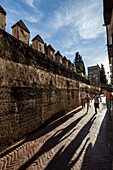 Seville, Spain, Nov 15 2009, An enchanting view of Calle Agua in Barrio de Santa Cruz, Seville, with people enjoying the vibrant atmosphere under a beautiful sunset.