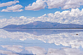 Clouds refected on a shallow sheet of water on the salt flats of Salinas Grandes in northwest Argentina.