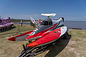 Racing boat on land before an F1 Powerboat race in Dique Frontal, Termas de Rio Hondo, Argentina.