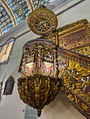 The ornately carved pulpit in the Cathedral of San Salvador de Jujuy, Argentina, carved by indigenous artists in the 1700s. The stairs depict the dream of Jacob's Ladder. The upper part depicts the Bibilical genealogy of Jesus.