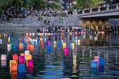 Motoyasu bridge in front of Atomic Bomb Dome with floating lamps on Motoyasu-gawa River during Peace Memorial Ceremony every August 6 in Hiroshima, Japan