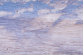 Clouds refected on a shallow sheet of water over polygon shapes on the salt flats of Salinas Grandes in northwest Argentina.