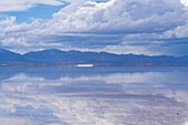 Clouds refected on a shallow sheet of water on the salt flats of Salinas Grandes in northwest Argentina.