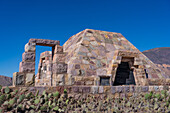 A modern pyramid built in the ruins in the Pucara of Tilcara, a pre-Hispanic archeological site near Tilcara, Argentina. The pyramid is a memorial to the archeologists who excavated the ruins.