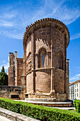 The magnificent apse of the Church of San Juan de la Rabanera showcases intricate Romanesque architecture from the 12th century in Soria, Spain.