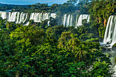 Nationalpark Iguazu-Fälle in Argentinien. Ein UNESCO-Welterbe. Von links nach rechts sind die Wasserfälle Mbigua, Bernabe Mendez und Adam und Eva abgebildet