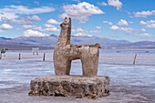 A statue of a llama carved from salt at the Salinas Grandes salt flats on the altiplano in northwest Argentina. Behind is the snow-capped Nevado de Chañi, the tallest peak in Jujuy Province.