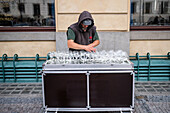 Petr Spatina, Glass Harpist, plays in the streets of Prague