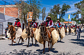 Gauchos in traditional outfits riding on horseback in a parade in Cachi, Argentina. Cowhide guardemontes protect the rider from thorn bushes common in the area.