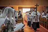 Night mass on August 9th, every year, in memory of the victims of the atomic bomb. Urakami Cathedral, Nagasaki, Japan