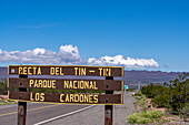 Sign for the Recta del Tin Tin, a long, straight road through Los Cardones National Park in Salta Province, Argentina.