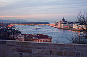 Parliament building and Danube River at sunset, Budapest, Hungary, Europe