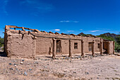 Ruins of the adobe buildings of a former hacienda near Seclantas in the Calchaqui Valley in the Salta Province of Argentina.