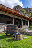 An old vintage wooden wine press at the Bodega and Finca las Nubes, a winery and vineyard near Cafayate, Argentina.