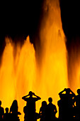 Besucher versammeln sich, um die lebhafte Wasserfontänen-Show in Montjuic, Barcelona, zu bewundern, die ein faszinierendes abendliches Erlebnis darstellt