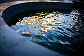 The tranquil water of the fountain captures shimmering reflections of the surroundings, highlighting the beauty of Sevillas architecture.