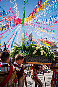 Religious procession finishing at São João Baptista Church during the Festival of Saint John of Sobrado, also known as Bugiada and Mouriscada de Sobrado, takes place in the form of a fight between Moors and Christians , locally known as Mourisqueiros and Bugios, Sao Joao de Sobrado, Portugal