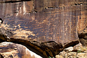 Anthropomorphe und Tierfiguren auf einer prähispanischen Felskunsttafel der Fremont-Indianer im Nine Mile Canyon, Utah