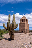 Adobe bell tower of the Santa Barbara church, built in 1600 in Humahuaca in the Quebrada de Humahuaca, Argentina.