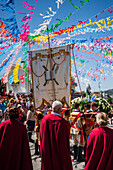 Religious procession finishing at São João Baptista Church during the Festival of Saint John of Sobrado, also known as Bugiada and Mouriscada de Sobrado, takes place in the form of a fight between Moors and Christians , locally known as Mourisqueiros and Bugios, Sao Joao de Sobrado, Portugal