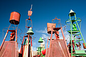 Weathered buoys stand tall at Bonanza port, showcasing maritime heritage in Sanlucar de Barrameda, Andalusia’s coastal charm.