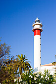 The Faro de El Rompido stands tall amidst lush greenery and a clear blue sky, showcasing its vibrant colors and historical significance.