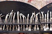 Traditional bombillas, or metal straws for drinking yerba mate tea, for sale in the market in Purmamarca, Argentina.