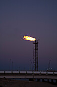 Gas flare burns brightly at the regasification plant along the coast, illuminating the evening sky in Huelva, southwestern Spain.